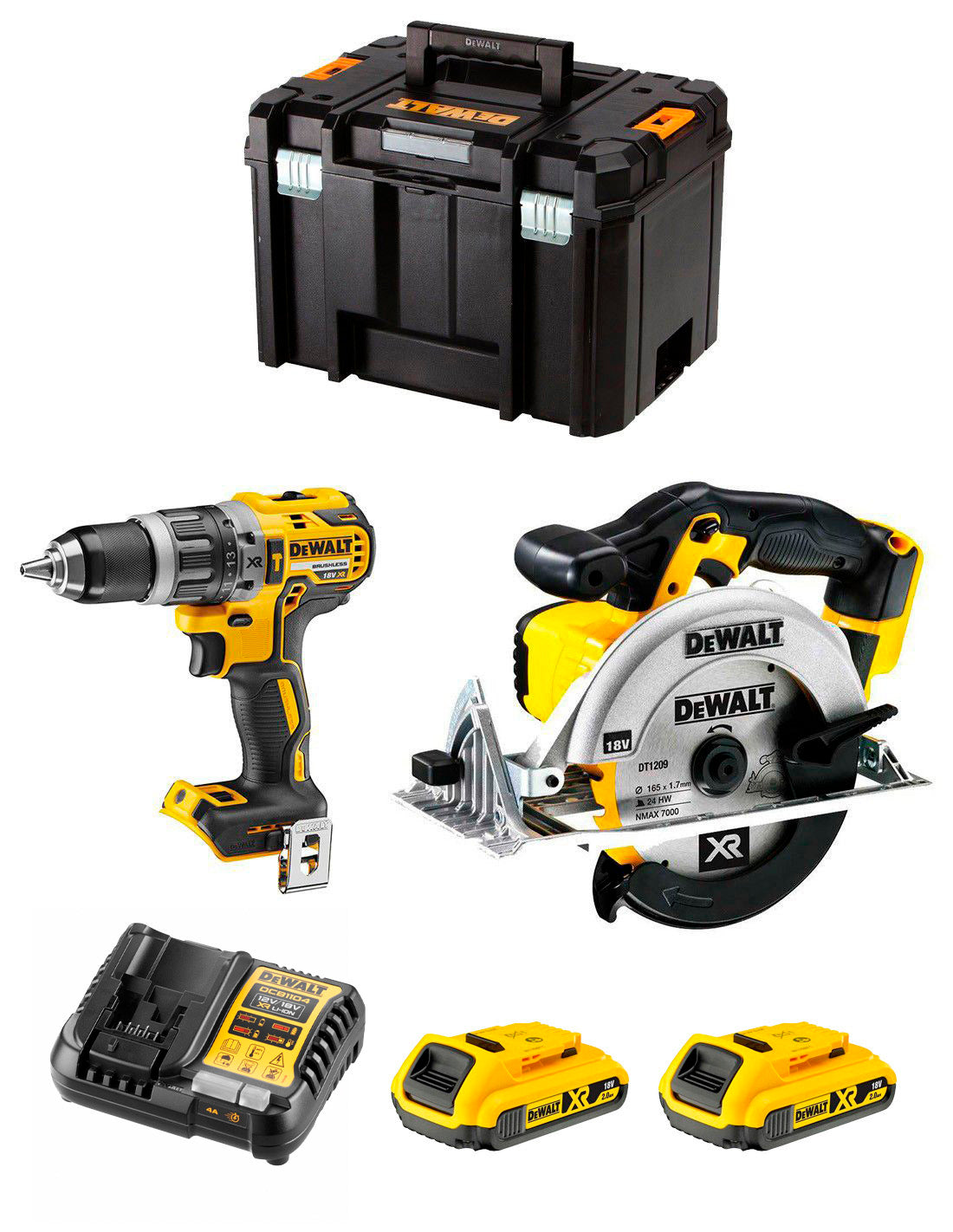 Dewalt Kit with DCD796 Hammer Drill + DCS391 Circular Saw + 2bat 2Ah + Ladegerät + TSTAK VI DCK291D2