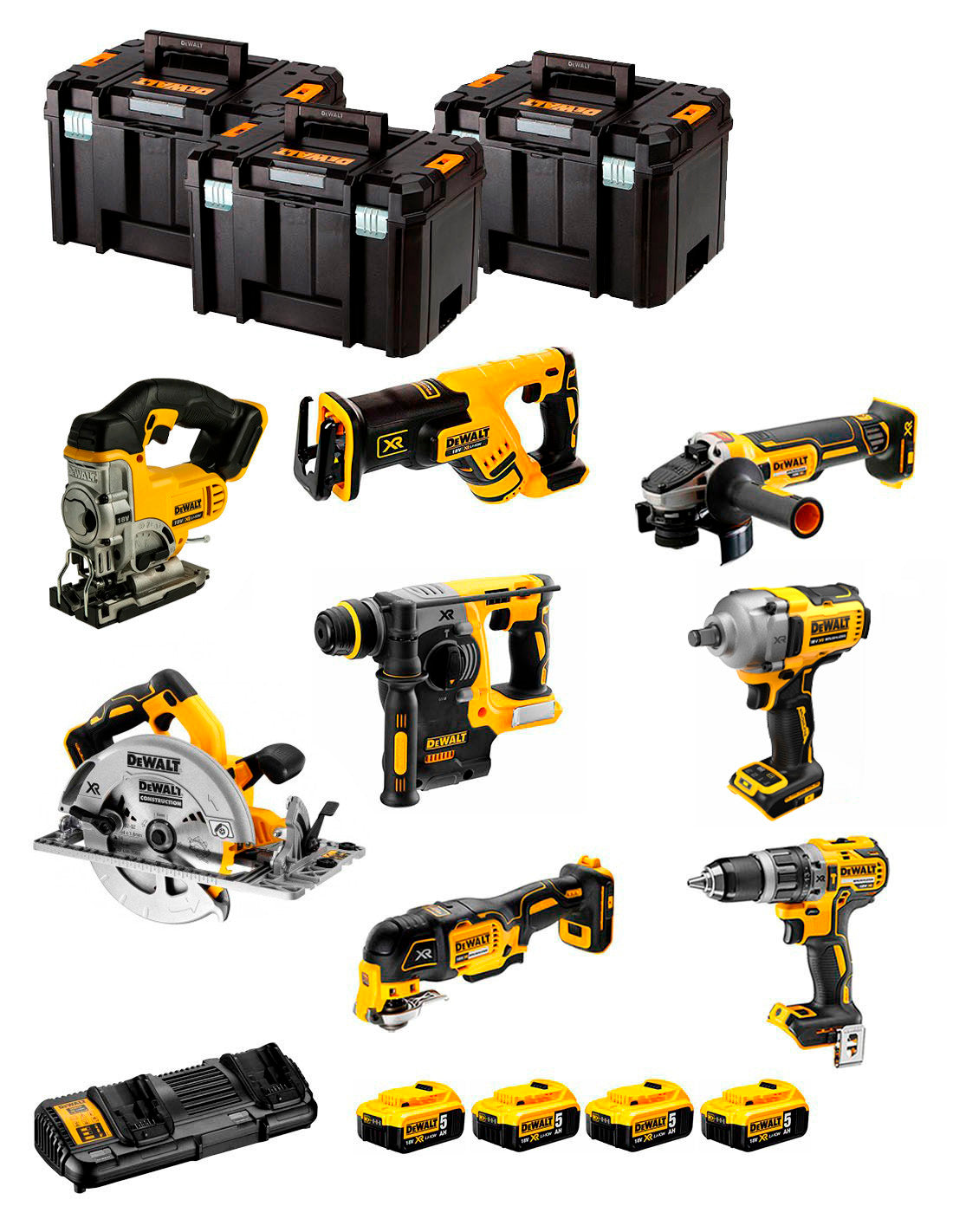 Kit Dewalt 8 herramientas + 4bat 5Ah + Cargador DCB132 + 3xTSTAK DCK867P4