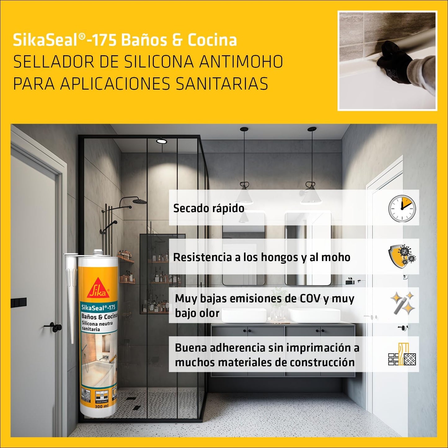 Cartucho sellador de silicona neutra sanitaria 300ml SikaSeal-175