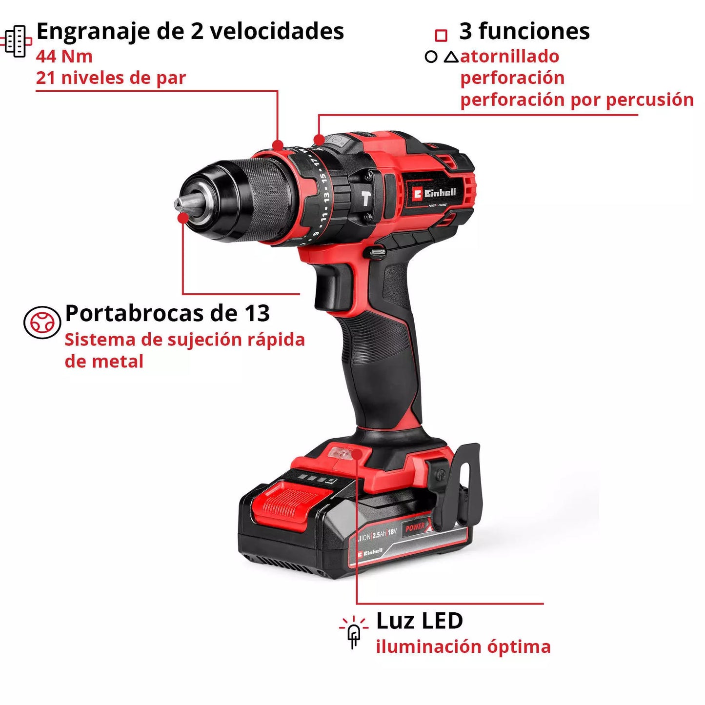 18V cordless hammer drill with 1 2.5Ah batteries and charger TE-CD 18/44 Li-i Einhell