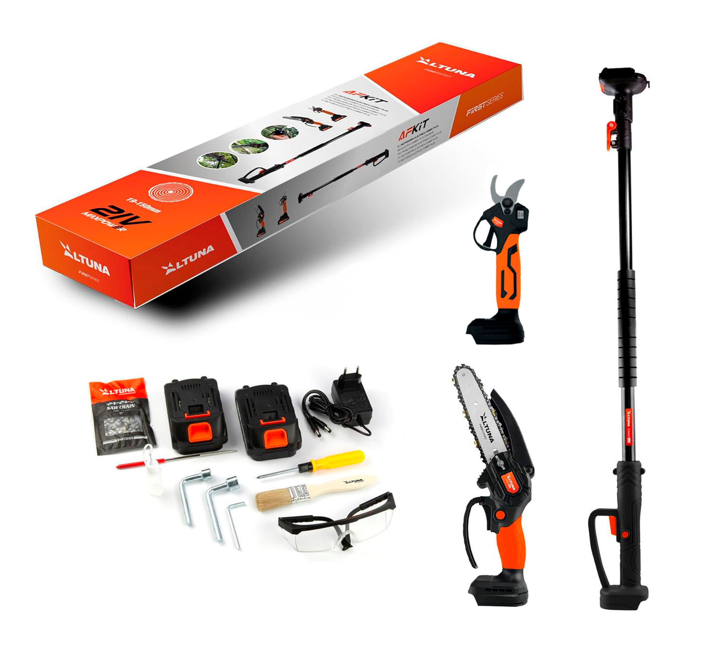 Battery-powered pruning kit with chainsaw + pruning shears + Altuna telescopic pole + 2 bat 2Ah AFKIT